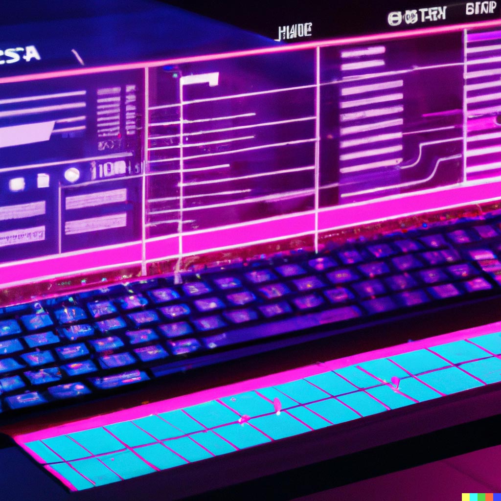 DALL·E prompt: bright colorful spreadsheet csv table hologram with keyboard floating in a black room, neon lighting futuristic UI minority repot.jpg